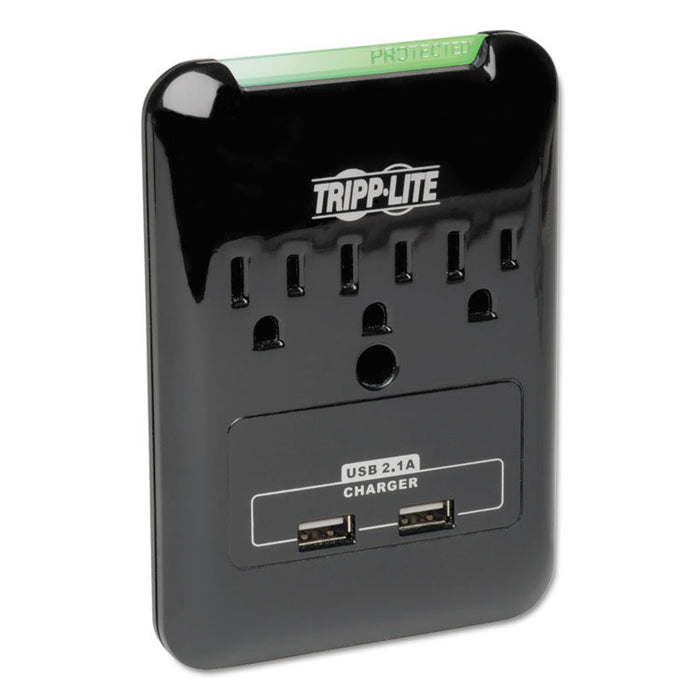 Protect It! Surge Protector, 3 Outlets/2 USB, Direct Plug-In, 540 J, Black