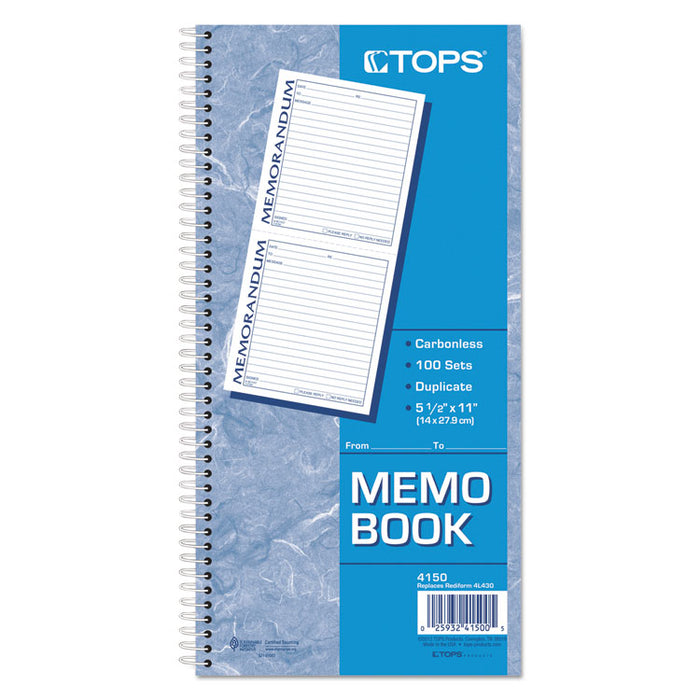 Memorandum Book, Two-Part Carbonless, 5 x 5.5, 2/Page, 100 Forms