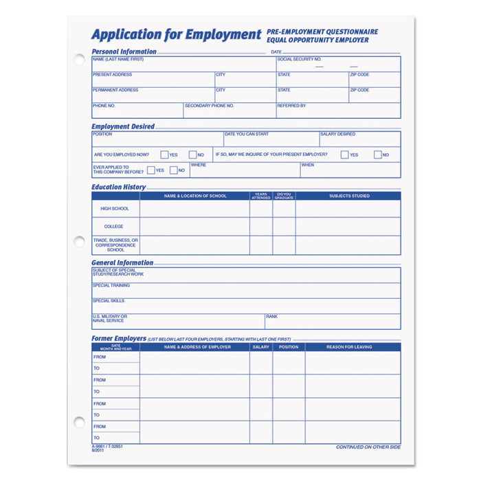 Employee Application Form, 8.38 x 11, 1/Page, 50 Forms/Pad, 2 Pads/Pack