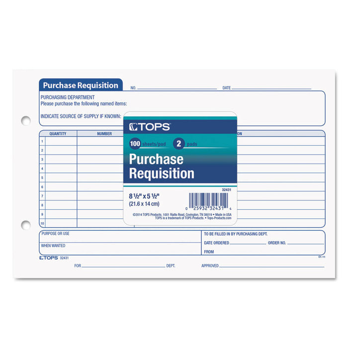 Purchasing Requisition Pad, 5.5 x 8.5, 1/Page, 100 Forms/Pad, 2 Pads/Pack
