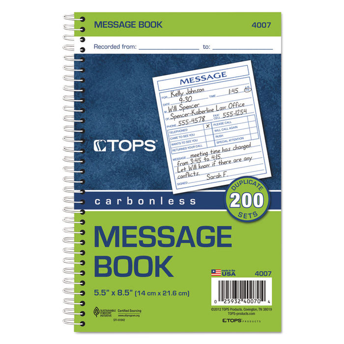 Spiralbound Message Book, Two-Part Carbonless, 4.25 x 5, 2/Page, 200 Forms