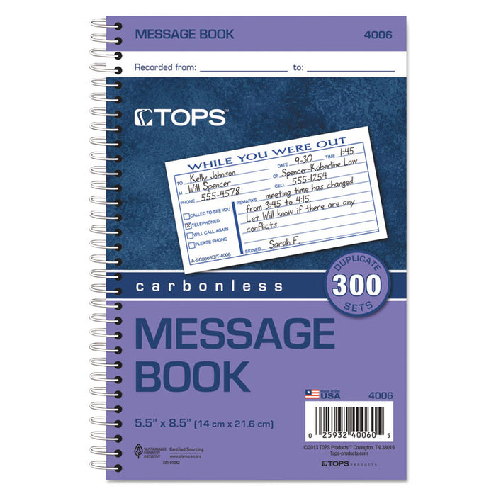 Spiralbound Message Book, Two-Part Carbonless, 2.83 x 5, 3/Page, 300 Forms