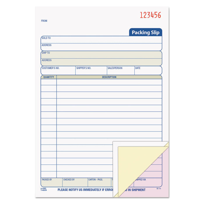 Packing Slip Book, 5 9/16 x 7 15/16, Three-Part Carbonless, 50 Sets/Book