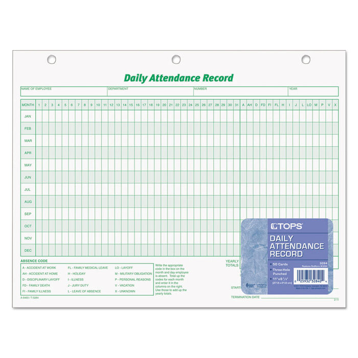 Daily Attendance Card, 8 1/2 x 11, 50 Forms