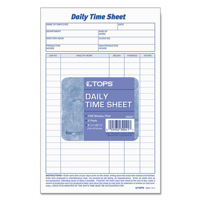 Daily Time and Job Sheets, 8 1/2 x 5 1/2, 200/Pad, 2/Pack