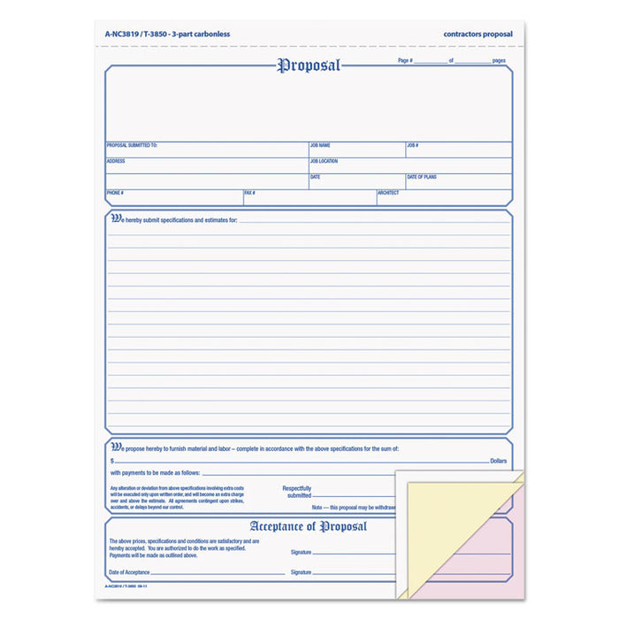 Contractor Proposal Form, Three-Part Carbonless, 8.5 x 11.44, 1/Page, 50 Forms