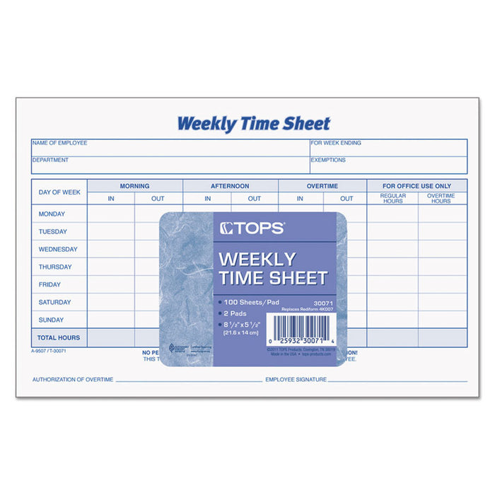 Weekly Time Sheets, 5.5 x 8.5, 1/Page, 50 Forms/Pad, 2 Pads/Pack