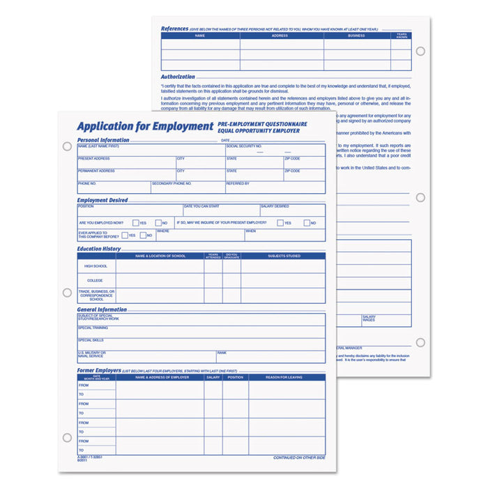 Employee Application Form, 8.38 x 11, 1/Page, 50 Forms/Pad, 2 Pads/Pack