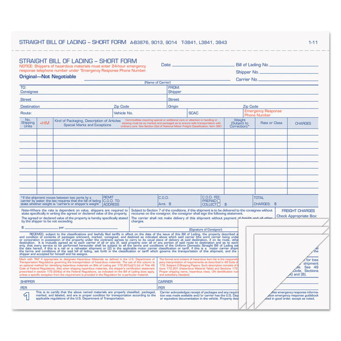 Hazardous Material Short Form, 8 1/2 x 7, Four-Part Carbonless, 50 Forms