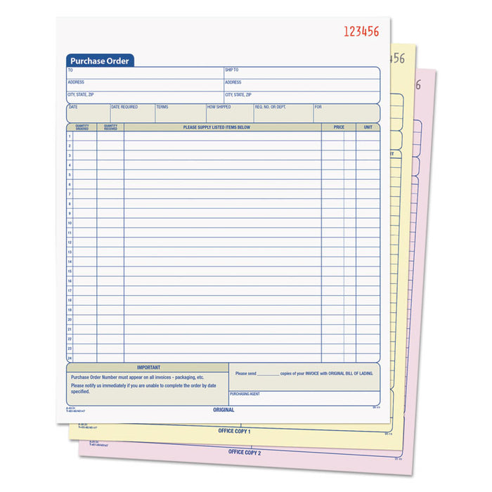 Purchase Order Book, Three-Part Carbonless, 8.38 x 10.19, 1/Page, 50 Forms