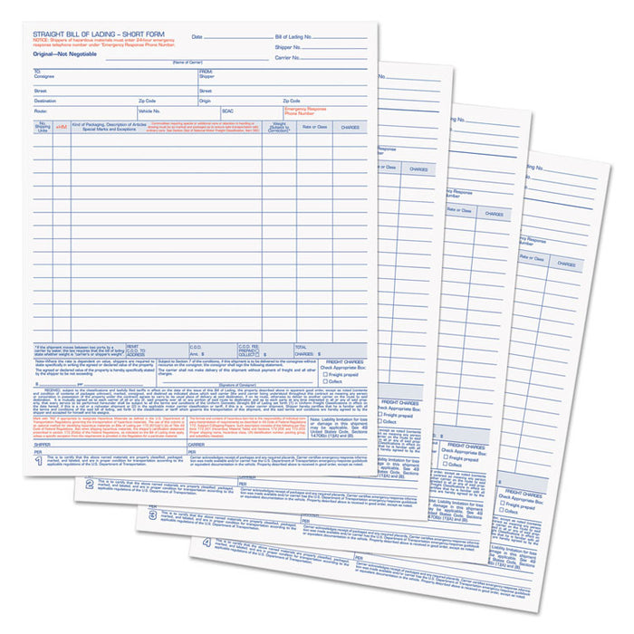 Bill of Lading,16-Line, Four-Part Carbonless, 8.5 x 11, 1/Page, 50 Forms