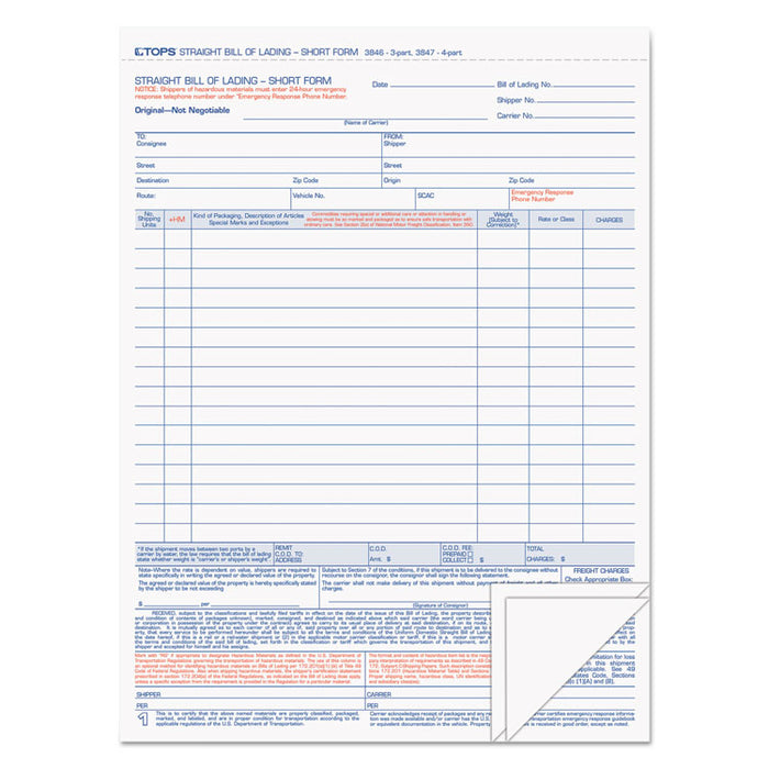Bill of Lading,16-Line, Three-Part Carbonless, 8.5 x 11, 1/Page, 50 Forms