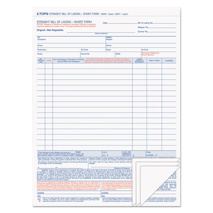 Bill of Lading,16-Line, Four-Part Carbonless, 8.5 x 11, 1/Page, 50 Forms