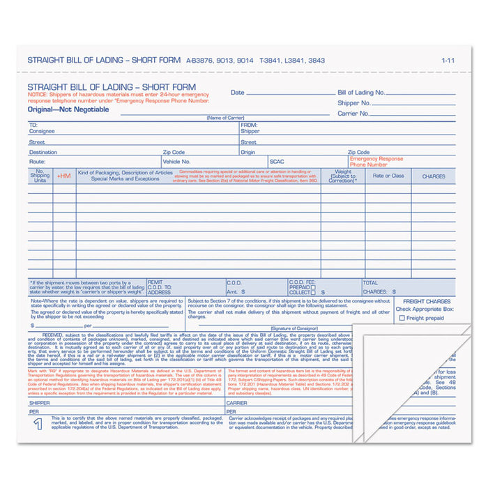 Hazardous Material Short Form, Three-Part Carbonless, 7 x 8.5, 1/Page, 50 Forms
