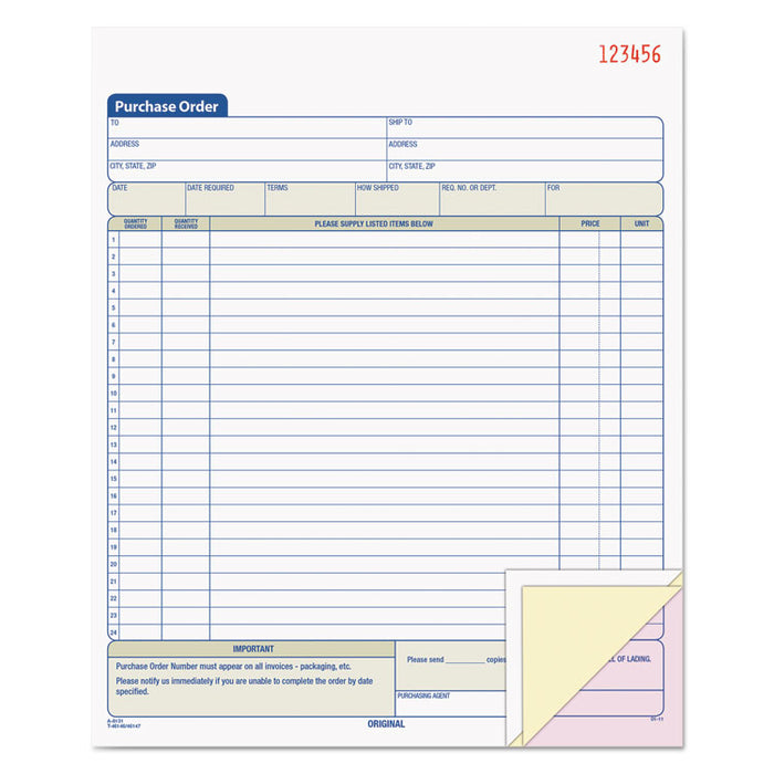 Purchase Order Book, Three-Part Carbonless, 8.38 x 10.19, 1/Page, 50 Forms