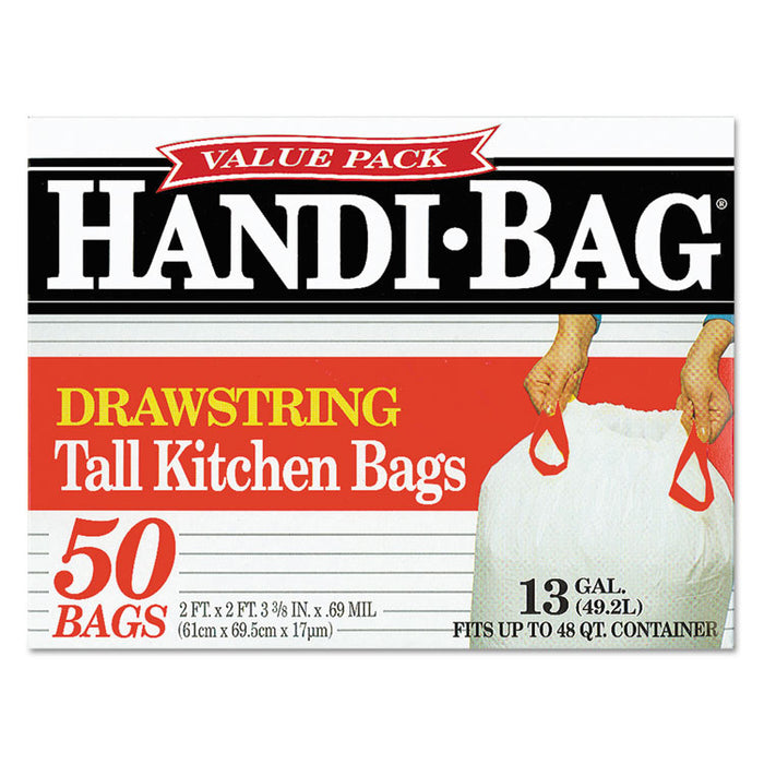 Drawstring Kitchen Bags, 13 gal, 0.6 mil, 24" x 27.4", White, 50/Box