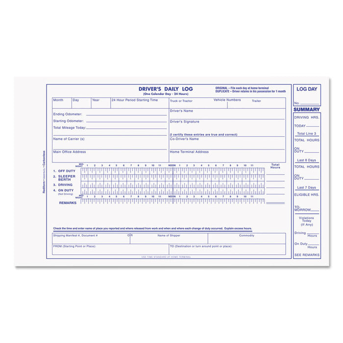 Driver's Daily Log, Two-Part Carbonless, 8.75 x 5.38, 1/Page, 31 Forms