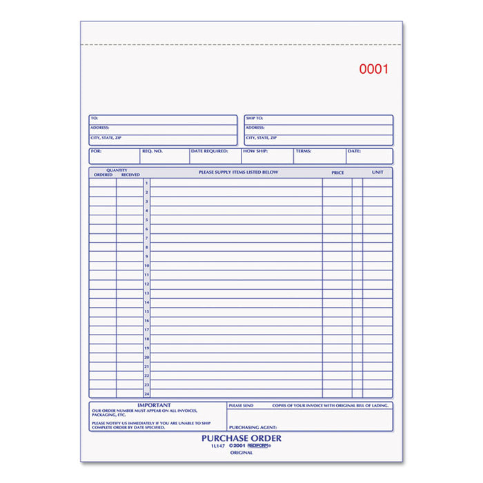 Purchase Order Book, 8 1/2 x 11, Letter, Three-Part Carbonless, 50 Sets/Book
