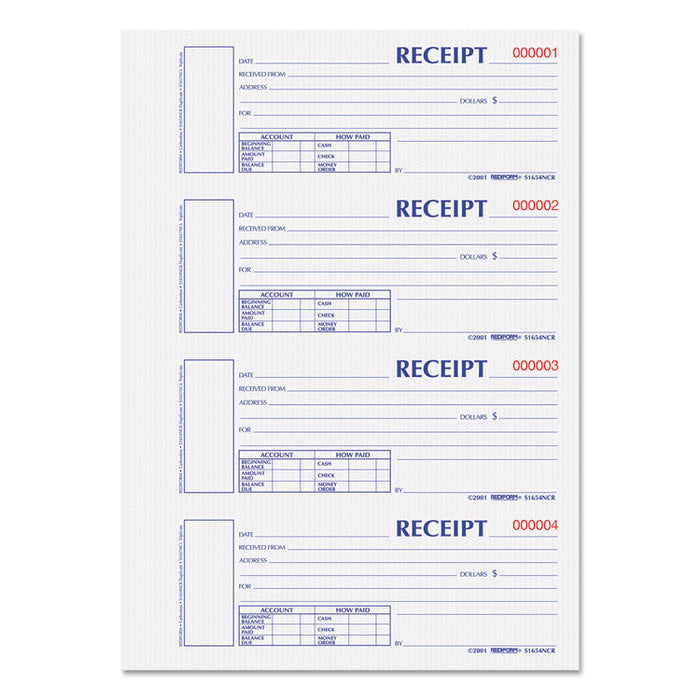 Hardcover Numbered Money Receipt Book, Two-Part Carbonless, 6.88 x 2.75, 4/Page, 300 Forms