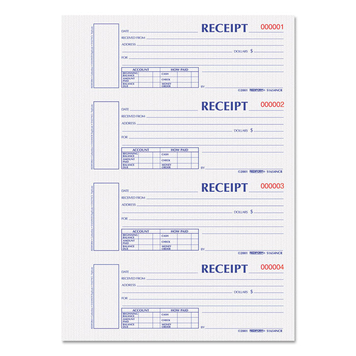Hardcover Numbered Money Receipt Book, Two-Part Carbonless, 6.88 x 2.75, 4/Page, 300 Forms