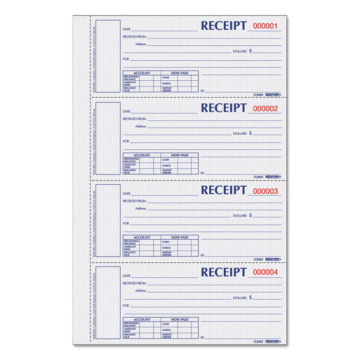 Hardcover Numbered Money Receipt Book, Three-Part Carbonless, 6.78 x 2.75, 4/Page, 200 Forms