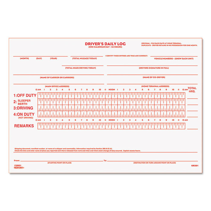 Driver's Daily Log, Two-Part Carbonless, 7.88 x 5.5, 1/Page, 31 Forms