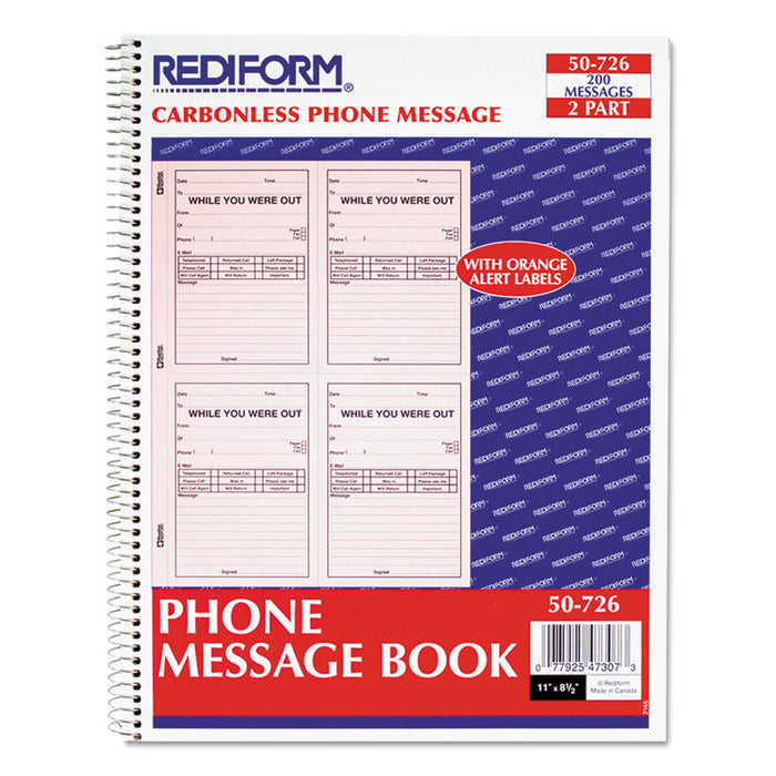 Wirebound Message Book, 4 x 5 1/2, Two-Part, 200 Forms, 120 Alert Labels
