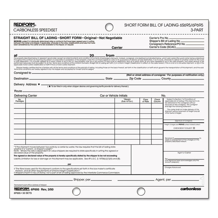 Bill of Lading, Short Form, Three-Part Carbonless, 7 x 8.5, 1/Page, 50 Forms