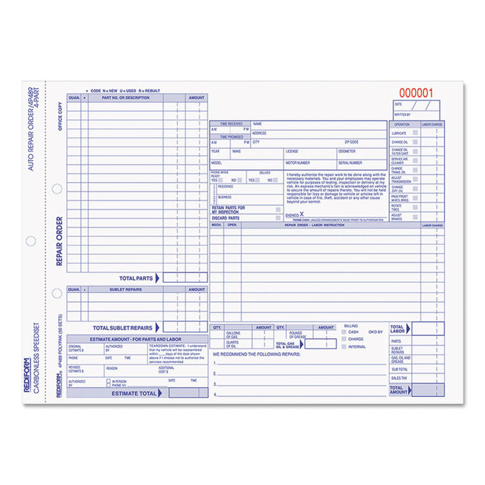 Four-Part Auto Repair Form, 11 x 8 1/2, Four-Part Carbonless, 50 Forms