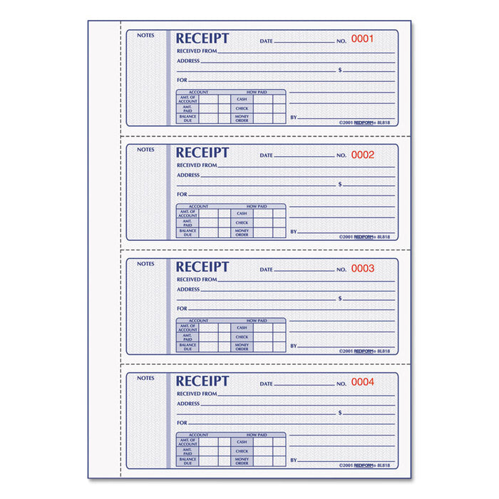 Money Receipt Book, Three-Part Carbonless, 7 x 2.75, 4/Page, 200 Forms