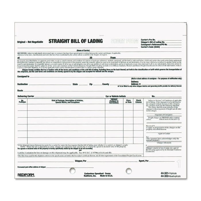 Bill of Lading Short Form, 7 x 8 1/2, Four-Part Carbonless, 250 Forms