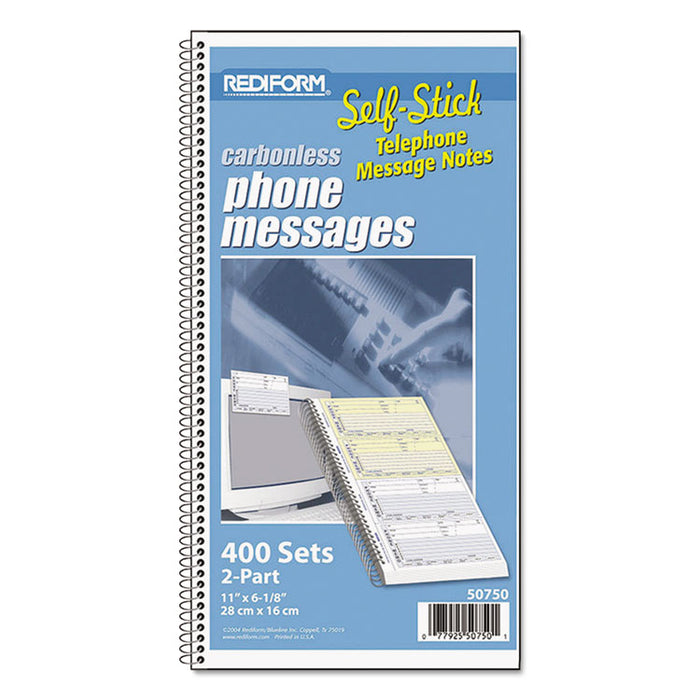Self-Stick Telephone Message Book, Two-Part Carbonless, 5.5 x 2.75, 4/Page, 400 Forms