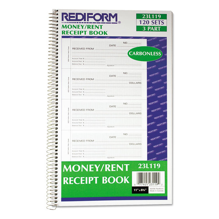 Money and Rent Unnumbered Receipt Book, 5 1/2 x 2 3/4, Three-Part, 120 Sets/Book