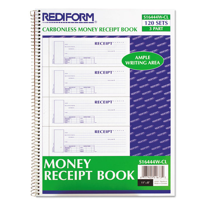 Spiralbound Unnumbered Money Receipt Book, Three-Part Carbonless, 7 x 2.75, 4/Page, 120 Forms