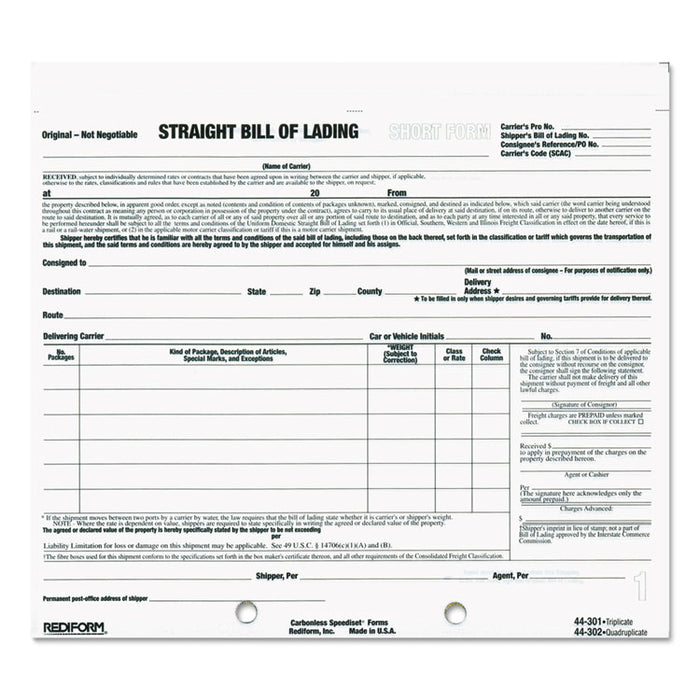 Bill of Lading Short Form, 7 x 8 1/2, Three-Part Carbonless, 250 Forms