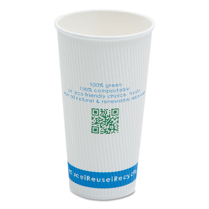 Compostable Insulated Ripple-Grip Hot Cups, 20oz, White, 500/Carton