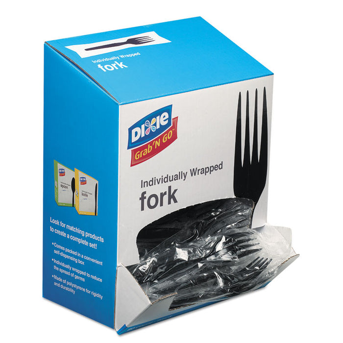 GrabâN Go Wrapped Cutlery, Forks, Black, 90/Box, 6 Box/Carton