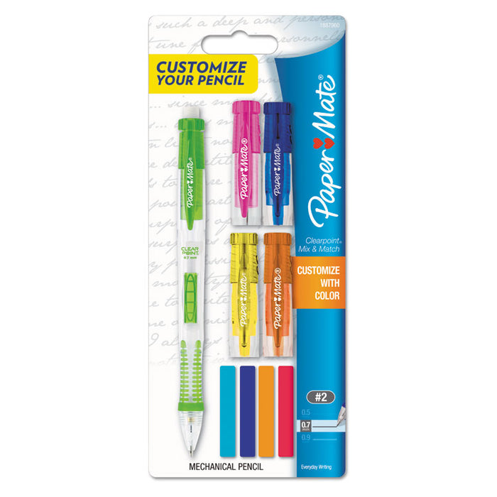 Clearpoint Mix and Match Mechanical Pencil, 0.7 mm, HB (#2.5), Black Lead, Clear Barrels, Green Accents/Assorted Tops