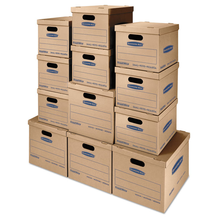 SmoothMove Classic Moving/Storage Box Kit, Half Slotted Container (HSC), Assorted Sizes: (8) Small, (4) Med, Brown/Blue,12/CT