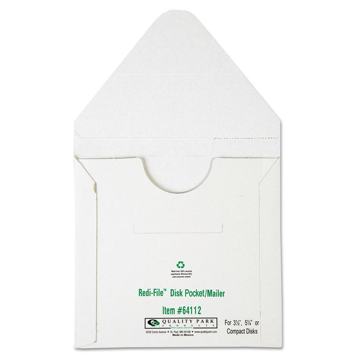 Redi-File Disk Pocket/Mailer for CDs/DVDs, Square Flap, Tuck-Tab Closure, 6 x 5.88, White, 10/Pack