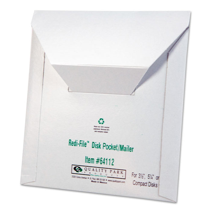 Redi-File Disk Pocket/Mailer for CDs/DVDs, Square Flap, Tuck-Tab Closure, 6 x 5.88, White, 10/Pack