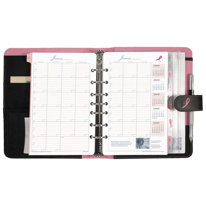 Pink Ribbon Loose-Leaf Organizer Set, 8 1/2 x 5 1/2, Black Microfiber Cover