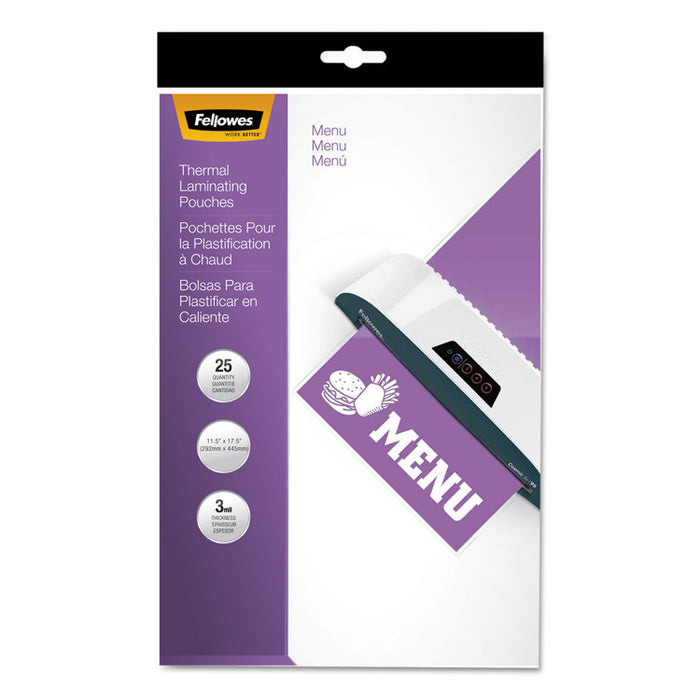 Laminating Pouches, 3 mil, 12" x 18", Gloss Clear, 25/Pack