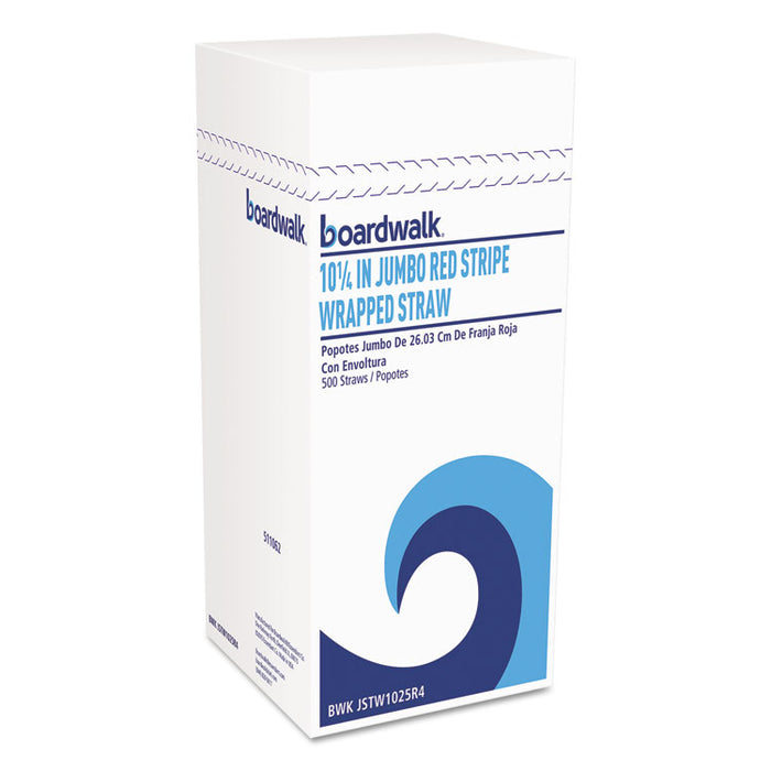 Wrapped Jumbo Straws, 10 1/4", Plastic, White w/Red Stripe, 500/Pack, 4 Packs/CT