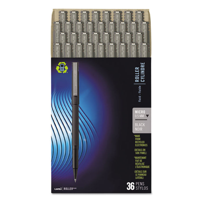 Roller Ball Pen, Stick, Micro 0.5 mm, Black Ink, Black Matte Barrel, 36/Pack