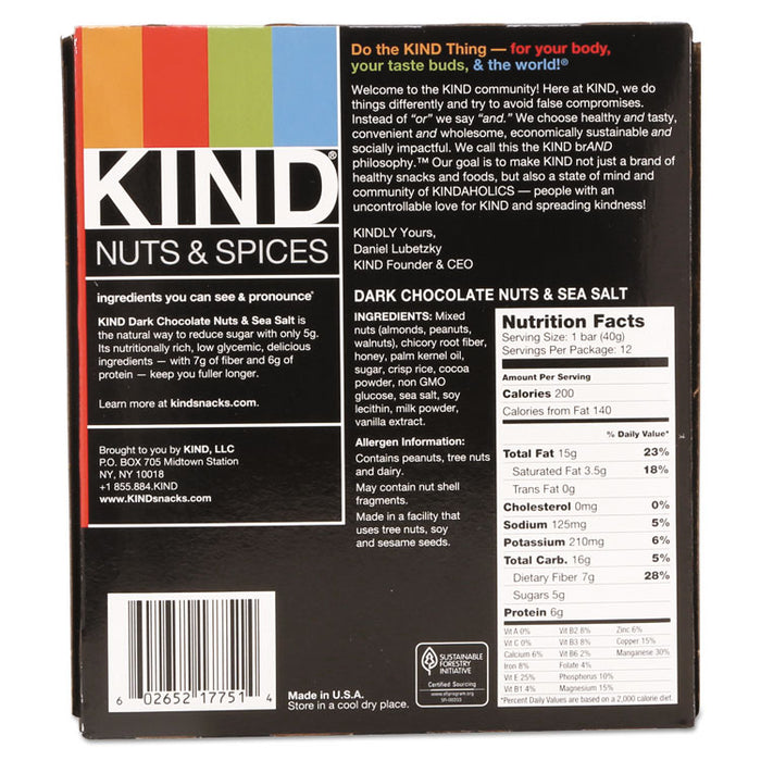 Nuts and Spices Bar, Dark Chocolate Nuts and Sea Salt, 1.4 oz, 12/Box