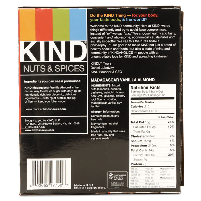 Nuts and Spices Bar, Madagascar Vanilla Almond, 1.4 oz, 12/Box