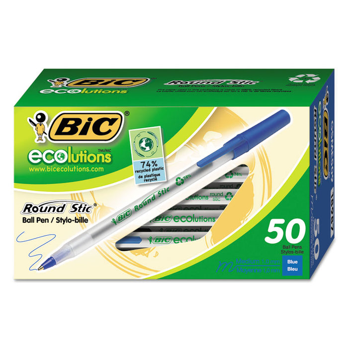 Ecolutions Round Stic Ballpoint Pen Value Pack, Stick, Medium 1 mm, Blue Ink, Clear Barrel, 50/Pack