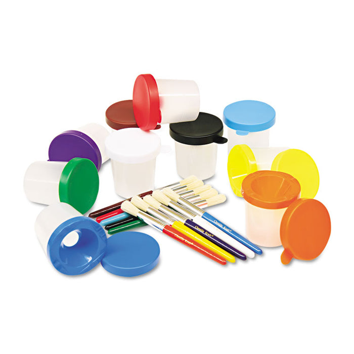 No-Spill Cups and Coordinating Brushes, Assorted Color Lids/Clear Cups, 10/Set