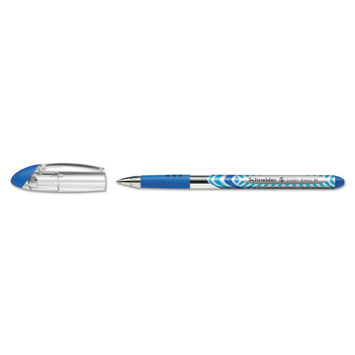 Schneider Slider Stick Ballpoint Pen, 0.8mm, Blue Ink, Blue/Silver Barrel, 10/Box
